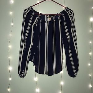 off the shoulder, navy themed shirt